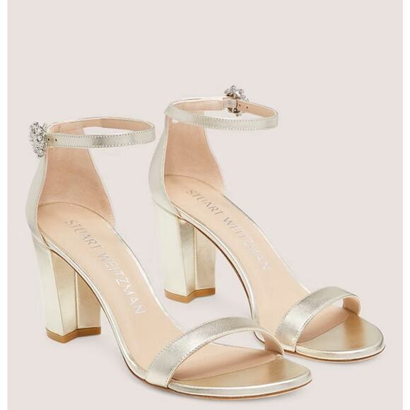 Stuart Weitzman Sandal Size 8 B Nearlynude Gem Buckle Gold GUC - Picture 2 of 14